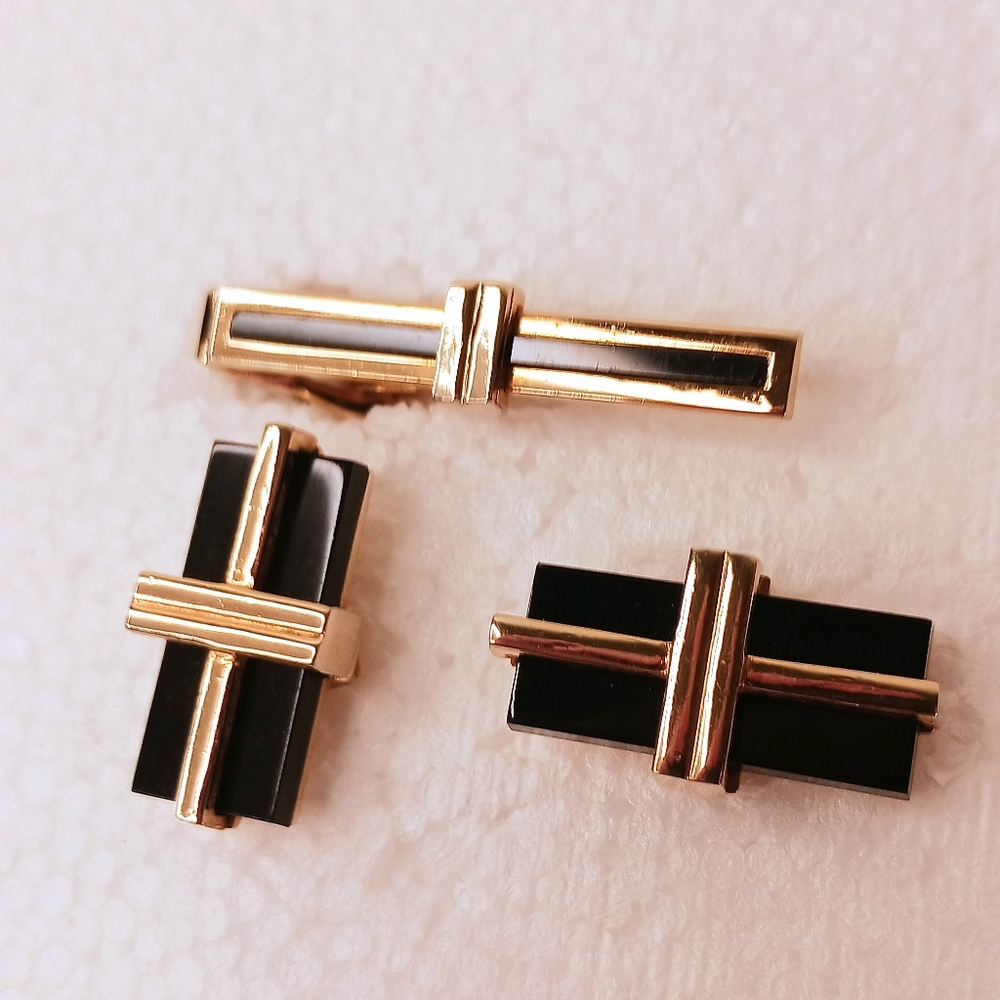 Cufflinks Cuff Links, Tie Clip Bar, Set Mid-Century SWANK, Natural Blac…